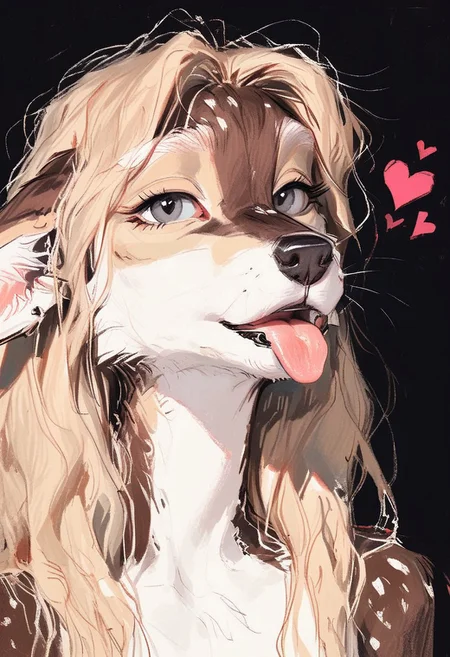 score_9, score_8_up, score_7_up, score_6_up, score_5_up, score_4_up, source_furry, Expressiveh, easynegative, highly detailed, detailed fur, detailed eyes, detailed face, detailed mouth, realistic, crayon drawing, crayon sketch, honovy, kenket, blotch, lawyerdog, edjit, detailed sketch, oil painting style, flat color, 
mature female sighthound coyote deer girl, anthro, furry, cute, kawaii, beautiful face, grey eyes, white eyebrows, long hair, long fur, brown fur, messy fur, small breasts, saggy breasts, big areola, sexy adult, seductive, flirty, loving, open mouth, tongue out, playful, 
posing, dappled light, dark background, hearts, close up, face focus,