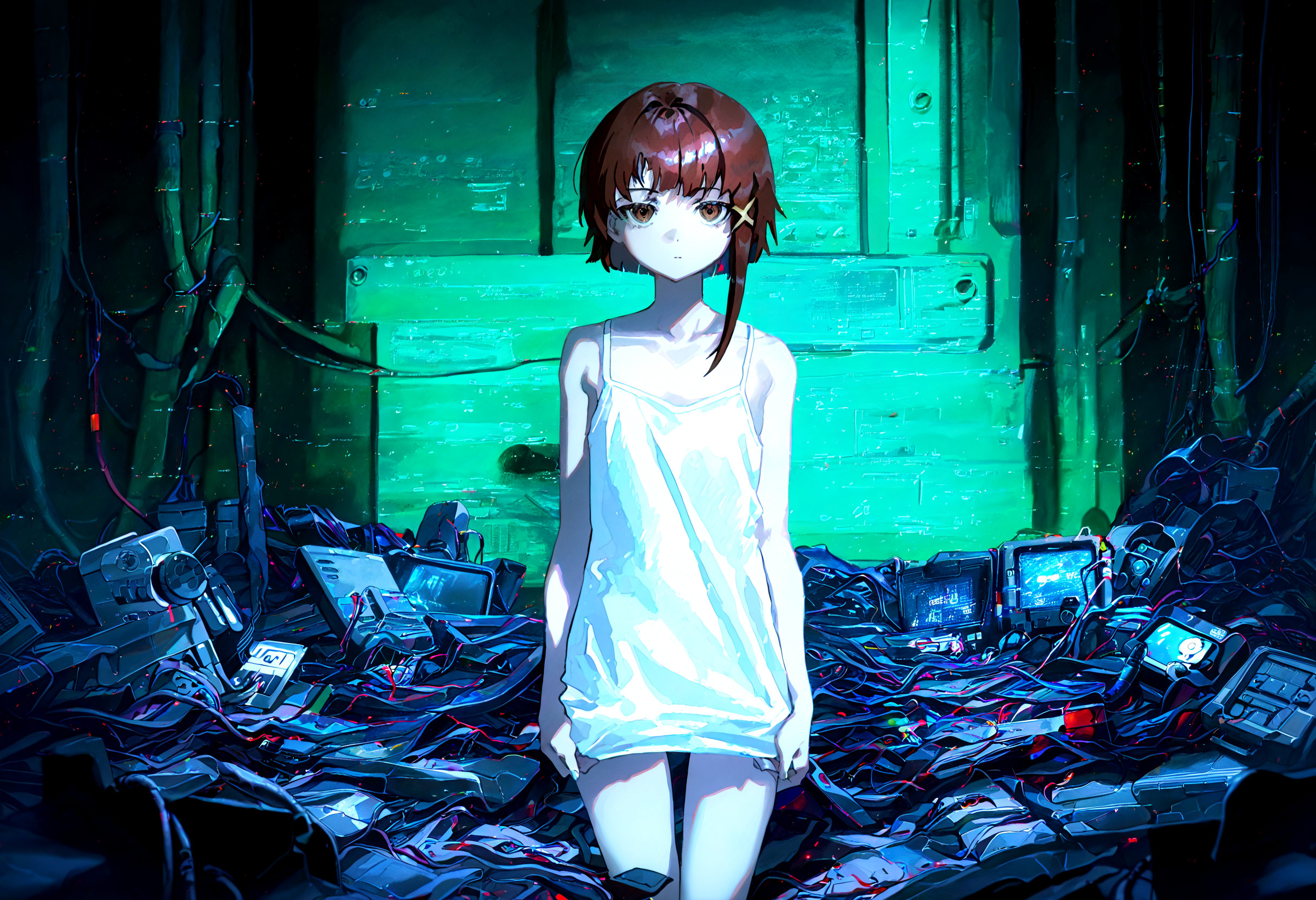 masterpiece, best quality, amazing quality, very aesthetic, absurdres,  newest,
1girl, iwakura lain,  solo,  thigh_gap,  white camisole , dark_background, cable, looking_at_viewer ,pile , spaghetti_strap , utility_pole,
yoneyama mai,quasarcake:0.7, rolua, negative space, cinematic shot, very awa, science fiction,matrix, code, digital,computer, glitch,wire, green background,
<lora:cfg_scale_boost:0.7>, <lora:illustrious_noobai_epsilon_pred_11_very_aesthetic_v1:0.6>, <lora:illustrious_noobai_epsilon_pred_1_masterpieces_v1:0.6>, <lora:illustrious_noobai_epsilon_pred_1_best_quality_v1:0.6>, <lora:Lain_PonyXLv3:0.7>, <lora:Code__Digital_World_Morph_v2_PONY_XL_by_UOC:0.7>