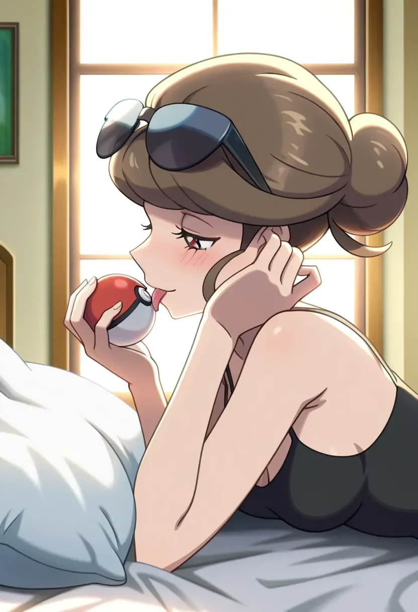 1girl,solo,masterpiece,best quality,anime screencap, anime coloring,pokemon xy,
<lora:BeautyXY_pokemon_v2_IL:0.7>,otonanooneesanXY,beauty (pokemon), brown hair,hair bun,bangs, blunt bangs,rimless eyewear, eyelashes,sunglasses,eyewear on head,breasts,bare shoulders,black camisole,
light smile,(licking poke ball:1.2),upper body, profile, indoors, day, backlighting,window, upper body, looking at object, holding poke ball,blush, half-closed eyes,bed, lying,tucking hair,pillow,