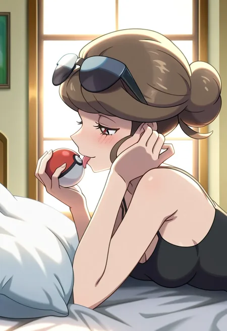 1girl,solo,masterpiece,best quality,anime screencap, anime coloring,pokemon xy,
<lora:BeautyXY_pokemon_v2_IL:0.7>,otonanooneesanXY,beauty (pokemon), brown hair,hair bun,bangs, blunt bangs,rimless eyewear, eyelashes,sunglasses,eyewear on head,breasts,bare shoulders,black camisole,
light smile,(licking poke ball:1.2),upper body, profile, indoors, day, backlighting,window, upper body, looking at object, holding poke ball,blush, half-closed eyes,bed, lying,tucking hair,pillow,