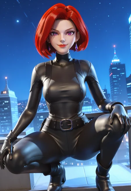 score_9, score_8_up, score_7_up, 3d, <lora:MBHongBi_epoch_10:0.9>, MBHongBi, 1girl, solo, red hair, short hair, purple eyes, earrings, lipstick, breasts,
black bodysuit, black gloves, belt,
black boots,
looking at viewer, on one knee, evil smile, from below, dutch angle, closed mouth,
BREAK night sky, rooftop, cityscape,