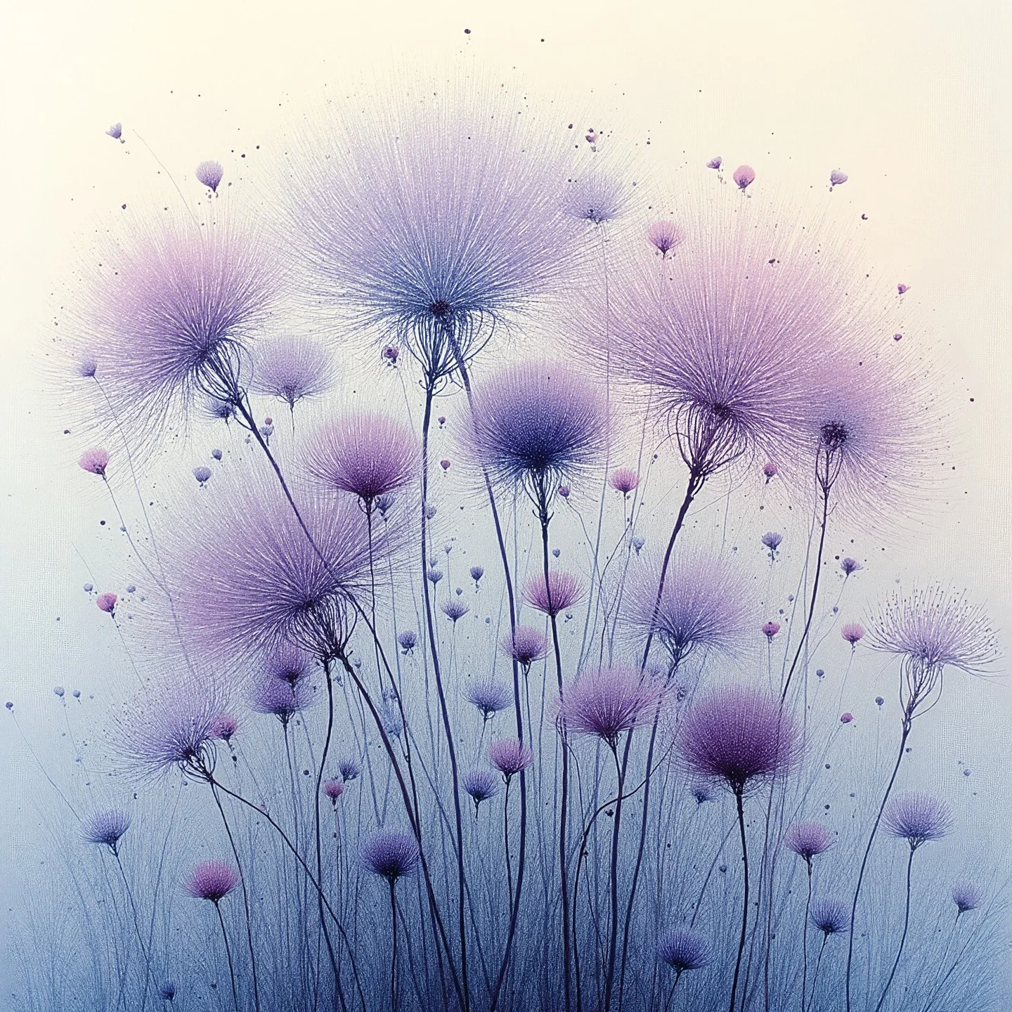 <lora:Florate Flux_v2_epoch_3:0.9> A surrealist painting of blue gray and tyrian purple variegated floral scene with many branching structures on a pale background, bronze mesh lemon