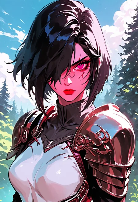1girl, armor, scar, solo, scar on face, black hair, short hair, hair over one eye, looking at viewer, purple eyes, outdoors, upper body, breastplate, shoulder armor, tree, makeup, day, scar across eye, sky, , cloud, , shoulder plates, pauldrons, breasts, nature, eyelashes, scar on nose, scar on cheek, closed mouth, forest, blue sky, one eye covered
, <lora:Ri-MIX_A_Illustriousv2-000009:1> rimixa,, looking at viewer,, , score_9, score_8_up, score_8_up,