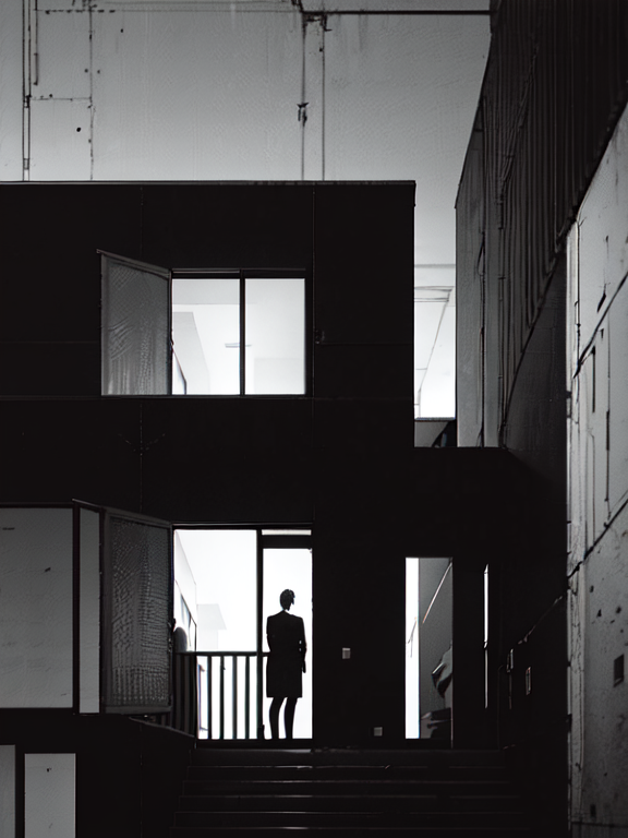 modern house facade , organic,  heavy black and white, dim light, photorealistic, 185mm f/1. 4 iso 100, cinematic 8k, cinematic hbo, crisp quality and light reflections, backlighting, colorgrading, post-processing, (Masterpiece:1.3)<lora:Blame!:1>