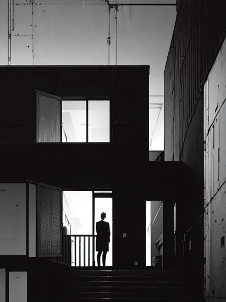 modern house facade , organic, heavy black and white, dim light, photorealistic, 185mm f/1. 4 iso 100, cinematic 8k, cinematic hbo, crisp quality and light reflections, backlighting, colorgrading, post-processing, (Masterpiece:1.3)<lora:Blame!:1>