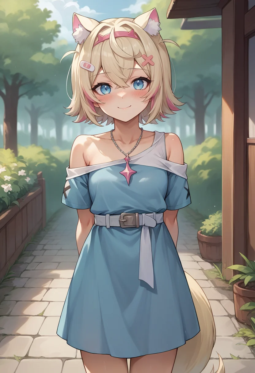 score_9, score_8_up, source_anime, 1girl, solo, MococoAbyssgard, short hair, streaked hair, hairband, hairclip, tail, necklace, blue dress, off-shoulder, white belt, smile, arms behind back, blush, outdoors, <lora:ChamMococoAbyssgardPonyXL:0.8>