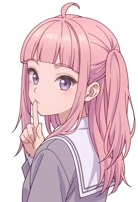 Smooth Quality,masterpiece,beautiful aesthetic, very intricate, high quality details, ultra realistic, high detailed skin,
simple background, white background,
from behind,shushing,0w0,
school uniform, <lora:Fuyuki_Momokocnn:0.8> momoko/cnn, pink hair, 1girl, ahoge, purple eyes,petite,