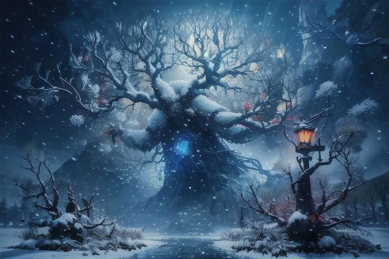 Two small robin birds on a snowy branch of a tree, one with a woolen hat and the other with a scarf illuminated by a lantern hanging from a branch, it is getting dark and snowing, in the background the last lights of the day and snowy trees blurred by the fog and falling snow, 3D style, Disney, Pixar, 4K, the little birds in focus, detailed drawing something that does not even exist, mythical being, energy, molecular, textures, impressive beauty, pure perfection, divine presence, unforgettable beauty, impressive , impressive, volumetric light, auras, rays, vivid reflected colors, you can see snowflakes falling, studio lighting, very detailed