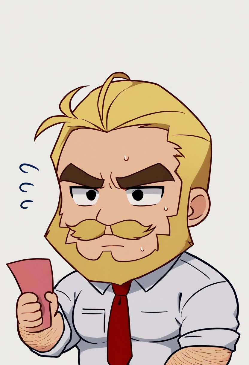 cccch, duckccc, chchichi, solo, short hair, blonde hair, simple background, shirt, 1boy, white background, holding, white shirt, upper body, necktie, collared shirt, chibi, sweatdrop, black eyes, facial hair, flying sweatdrops, thick eyebrows, red necktie, beard, paper, mustache, flat color, holding paper, arm hair, male focus, text, background, bodybuilder, huge muscles, bara