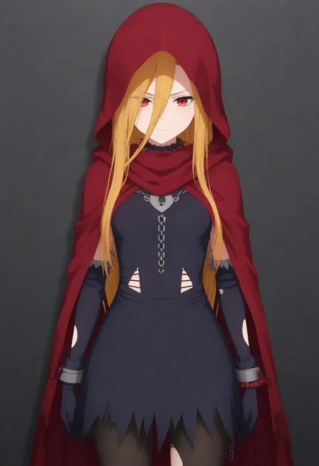 masterpiece, best quality, amazing quality,,, shiny skin,,,,,, <lora:Evileye:1> N4rb3r4lG4mm4, red eyes, blonde hair, very long hair, hair between eyes, torn clothes, hood, pantyhose, black dress, gloves, chain, hooded cloak, shackles,