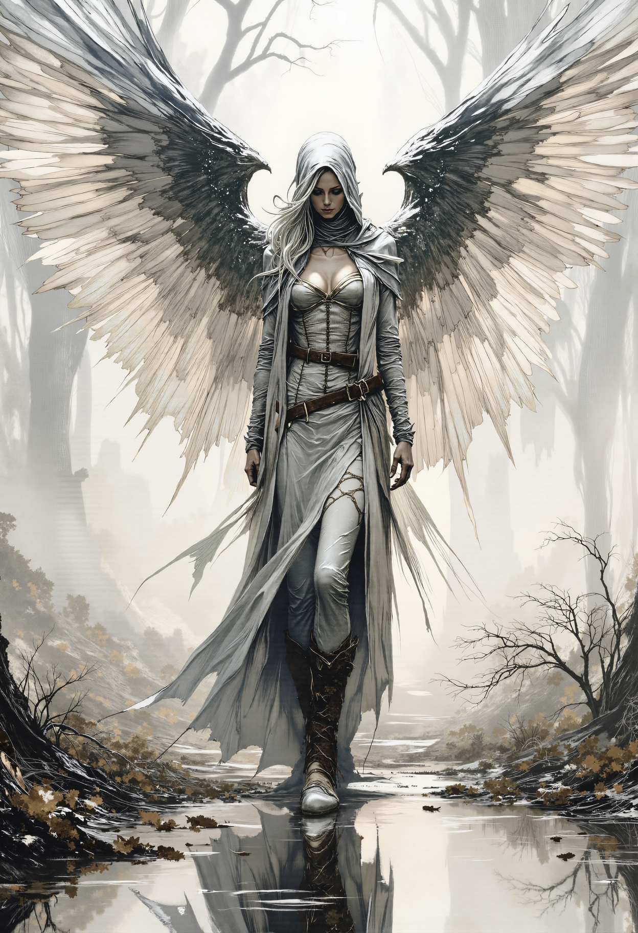 fg, dystopian style of a female angel with wings. Her hair covers part of her beautiful face and upper body.
She wears a medieval beige elven hooded coat that reaches down to her knees and is cut off there.

She has large wings extending from her back. The symmetrical wings are menacing, with visible feathers; they are spread wide and fill the upper half of the picture.

She stands relaxed between scattered trees on a withered, grassy steppe. The ground is littered with leaves. At golden hour, autumn, autumn leaves.
Before her lies a small, tranquil lake, its surface like glass, reflecting her silhouette with a serene, mirrored precision. The reflection dances slightly with the gentle ripple of the water, capturing the ethereal beauty of the moment.
