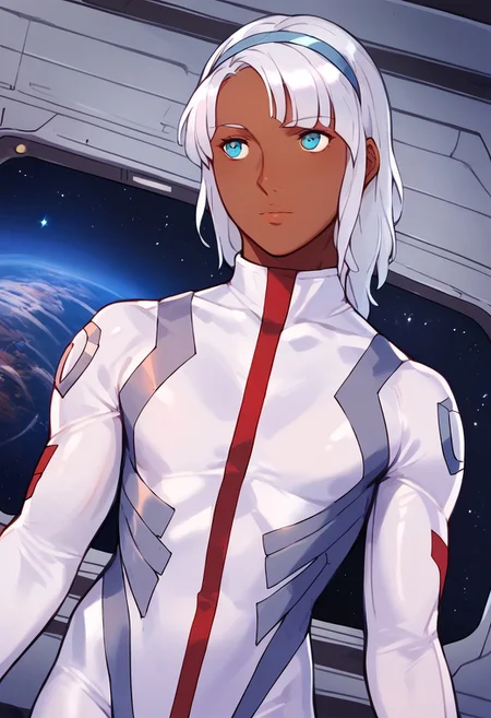 by laserflip, score_9, score_8_up, score_7_up, 1boy, femboy, loran, loran cehack, loran gundam, dark skin, white hair, blue eyes, white hairband, white bodysuit, futuristic bodysuit, space, space station, dynamic angle, solo, solo focus,