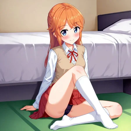 Smooth Anime, Bedroom, ((1girl, school_molly, solo, red skirt, white school shirt, no shoes, white socks, sitting on the ground, looking at the viewer, blush, smile, visible underwear, showing left feet, black t-string))