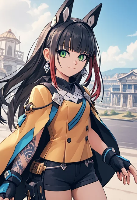 score_4,score_5,score_6,score_7_up,score_8_up,score_9 ((masterpiece,best quality,ultra detailed,highres,HD,4k:1.2)),
Azure Striker Gunvolt(Main)
1girl, solo, girl forcus,solo forcus
outdoor,,
kurodia,dia kurosawa, black hair, ((green eyes)), blunt bangs,long hair,tattoo,black head gear,black head ornaments,earrings,
yellow cape,yellow top,white shirt,fingerless gloves,shorts,black shorts,jewelry, 
smile,light smile,