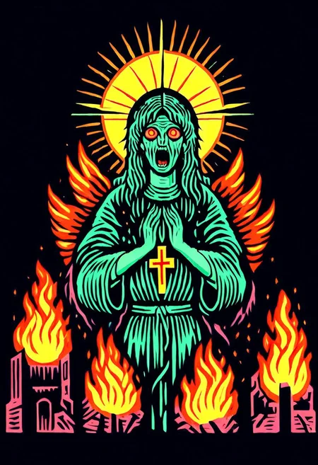 score_9, score_8_up, score_7_up, score_6_up, simple_green_engraving, easynegative, religious horror, occult, 2d, melting, crying, neonnightmare, cosmic horror, BREAK, altarpiece, religious icon, female, virgin mary, blessing, view from front, wild hair, wild eyes, one hand raised, holding a scripture, BREAK, background: (clouds, thunder, fire, city)