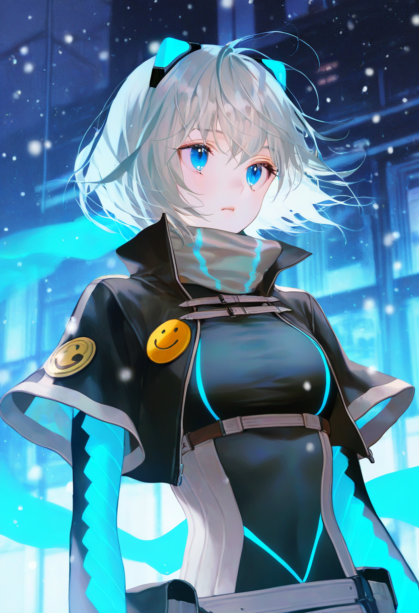artist:gomzi,artist:wanke,artist:diyokama, rei_(sanbonzakura),[[artist:fuzichoco]],year 2023, 
1girl, solo,
icey, blue eyes, grey hair, short hair, fake animal ears,
neon trim, grey scarf, cropped jacket, black jacket, black bodysuit, blue gloves, multiple belts, button badge, smiley face, short shorts, taut clothes,
upper body, snowing, town,
<lora:icey.ilxl:1>