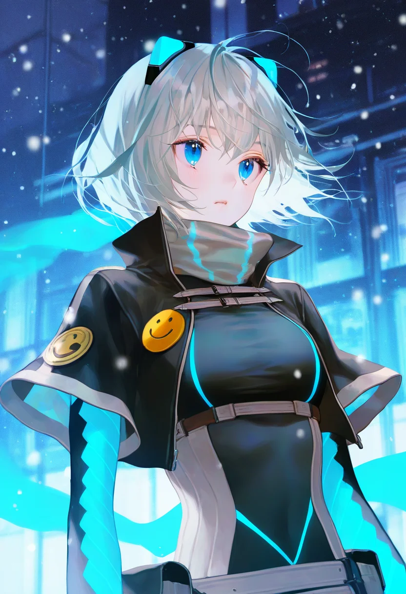 artist:gomzi,artist:wanke,artist:diyokama, rei_(sanbonzakura),[[artist:fuzichoco]],year 2023, 
1girl, solo,
icey, blue eyes, grey hair, short hair, fake animal ears,
neon trim, grey scarf, cropped jacket, black jacket, black bodysuit, blue gloves, multiple belts, button badge, smiley face, short shorts, taut clothes,
upper body, snowing, town,
<lora:icey.ilxl:1>