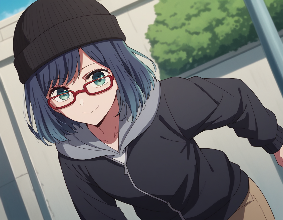 score_9, score_8_up, score_7_up, source_anime,
akanekurokawa, <lora:akane-kurokawa-s1-ponyxl-lora-nochekaiser:1>,
akane kurokawa, bangs, green eyes, blue hair, medium hair, dark blue hair,
long sleeves, hat, jacket, glasses, hood, black jacket, black headwear, hoodie, hood down, red-framed eyewear, beanie,
outdoors, street, bent over, smile,
looking at viewer, cowboy shot, dutch angle, solo,