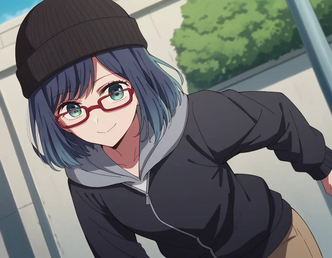 score_9, score_8_up, score_7_up, source_anime,
akanekurokawa, <lora:akane-kurokawa-s1-ponyxl-lora-nochekaiser:1>,
akane kurokawa, bangs, green eyes, blue hair, medium hair, dark blue hair,
long sleeves, hat, jacket, glasses, hood, black jacket, black headwear, hoodie, hood down, red-framed eyewear, beanie,
outdoors, street, bent over, smile,
looking at viewer, cowboy shot, dutch angle, solo,