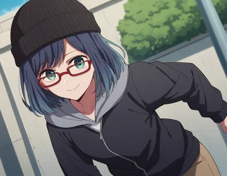 score_9, score_8_up, score_7_up, source_anime,
akanekurokawa, <lora:akane-kurokawa-s1-ponyxl-lora-nochekaiser:1>,
akane kurokawa, bangs, green eyes, blue hair, medium hair, dark blue hair,
long sleeves, hat, jacket, glasses, hood, black jacket, black headwear, hoodie, hood down, red-framed eyewear, beanie,
outdoors, street, bent over, smile,
looking at viewer, cowboy shot, dutch angle, solo,