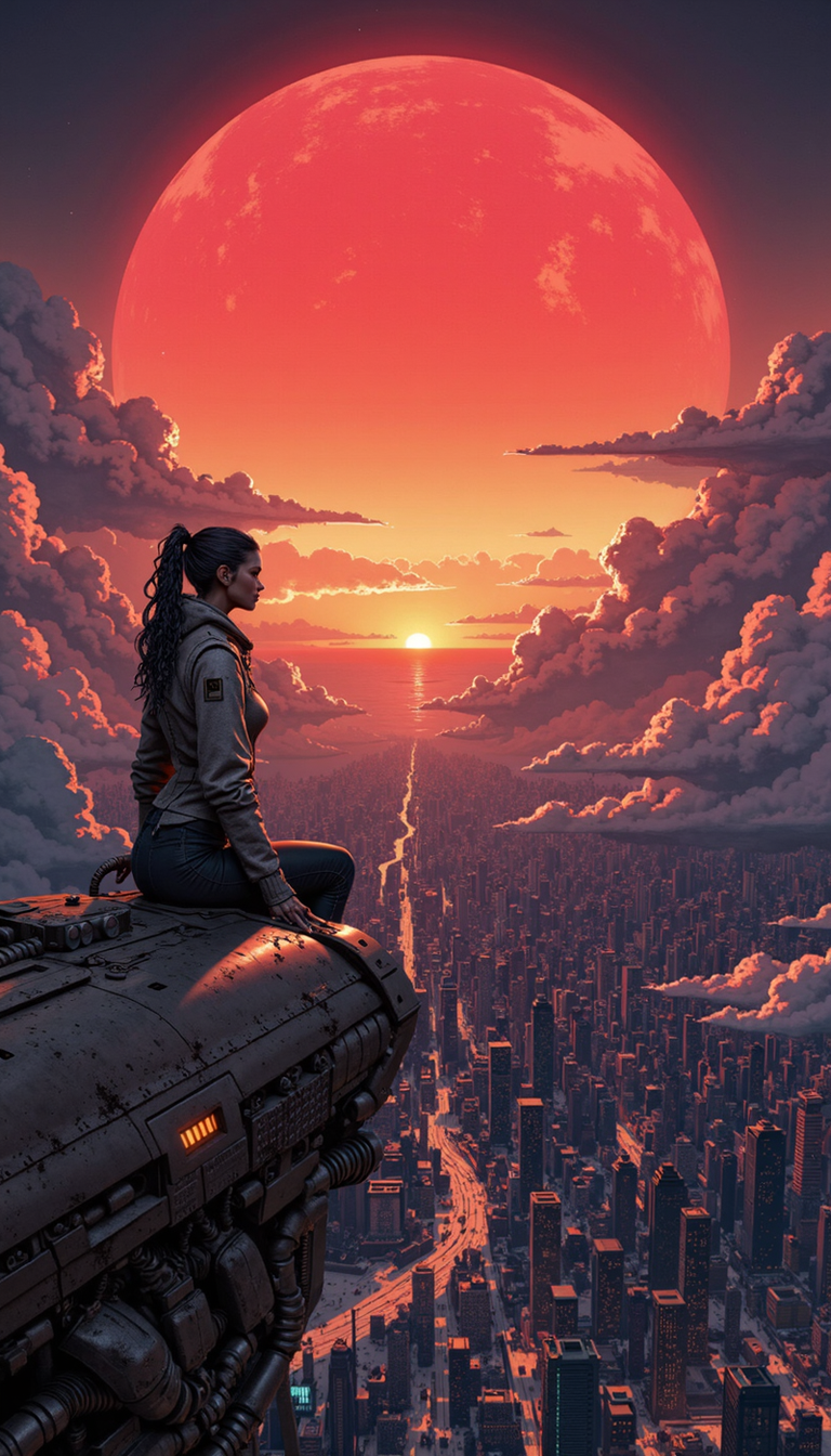 arob,robot,cyborg,metal,steel,cyberpunk,anime,mythp0rt, A lone female figure, perched on the precipice of a futuristic airship, gazes pensively towards a colossal, sanguine sun sinking below a sea of vaporous clouds. Her profile, etched against the incandescent sky, reveals a countenance crepuscular yet stoic.  Her vessel, its metallic hull catching the dying embers of daylight, casts a vertiginous shadow over the sprawling, neoteric metropolis below.  Emphasize the grandeur of the celestial tapestry â the voluminous clouds awash in fiery hues of crimson and amber â and the stark silhouette of the woman against this celestial spectacle. The cityscape, though intricate, should be rendered with atmospheric perspective, its details fading into the hazy distance.  The overall composition should evoke a sense of contemplative solitude amidst a breathtaking panorama of future urbanity.