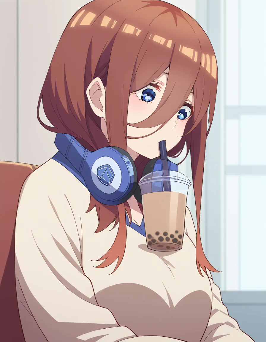 score_9, score_8_up, score_7_up, source_anime, mikunakano, <lora:miku-nakano-s2-ponyxl-lora-nochekaiser:1>, miku nakano, long hair, bangs, blue eyes, brown hair, hair between eyes, headphones, headphones around neck,, <lora:bubble-tea-challenge-ponyxl-lora-nochekaiser:1>, bubble tea challenge, bubble tea, object on breast, drinking straw, drinking straw in mouth, drinking, cup,, indoors, sitting, looking down,, cowboy shot, dutch angle,