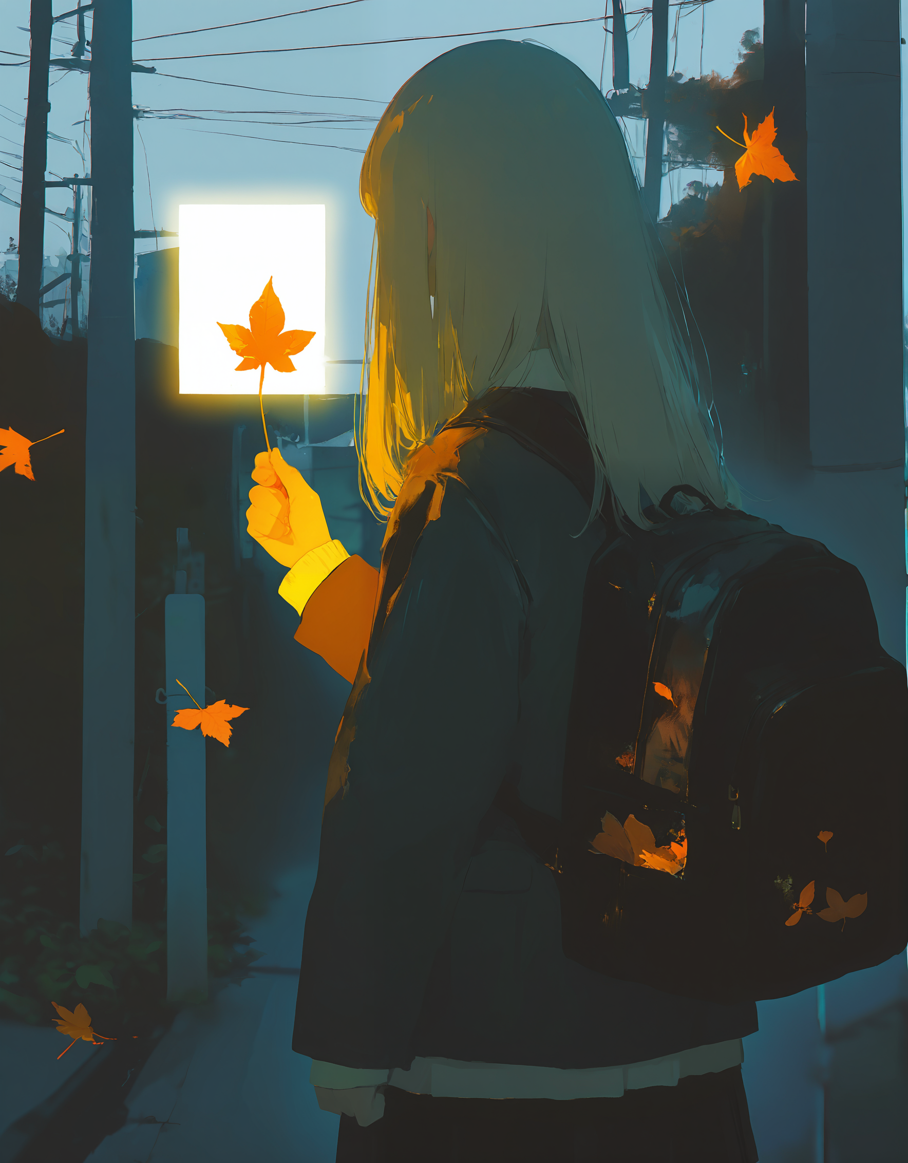 masterpiece, newest,absurdres,incredibly absurdres, 0__11Xx_illu,<lora:0__11Xx:1> ,surreal,  1girl, solo, skirt, long hair, leaf, bag, holding, outdoors, jacket, backpack, pleated skirt, long sleeves, power lines, holding leaf, from behind, black skirt, standing, utility pole,light on leafs,soft_lighting