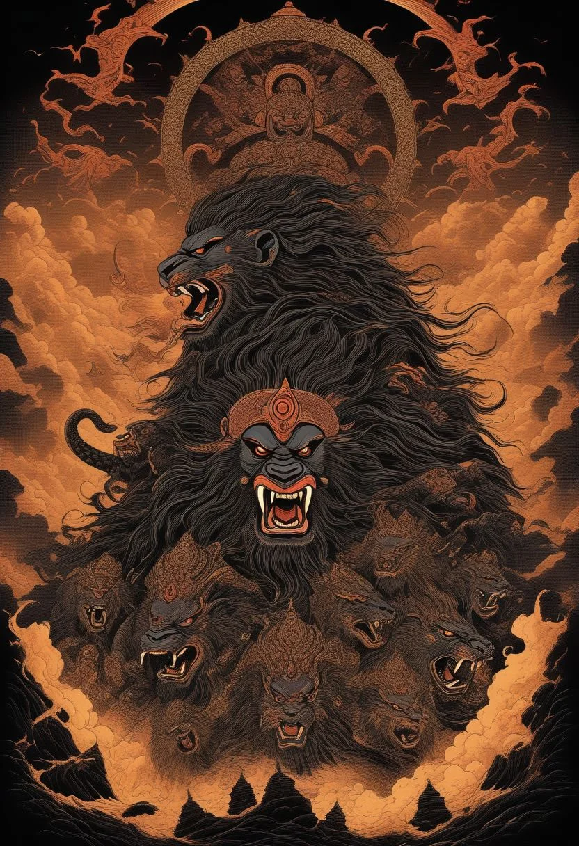 t-shirt design, Design a menacing black t-shirt with Kumbhakarna (a powerful rakshasa and younger brother of Ravana from the Hindu epic Ramayana.) motif inspired by heavy metal music aesthetics. The artwork features a sleek, coiled sinuously, its scales glistening in the dim light., revealing rows of razor-sharp teeth dripping with blood, exuding a sense of raw, primal aggression, bright sky and big sun in background, enhancing the ominous atmosphere of the design. eyes gleam with a malevolent glint, capturing the essence of danger and violence. The overall style is bold and intense, embodying the dark and edgy spirit of heavy metal music.