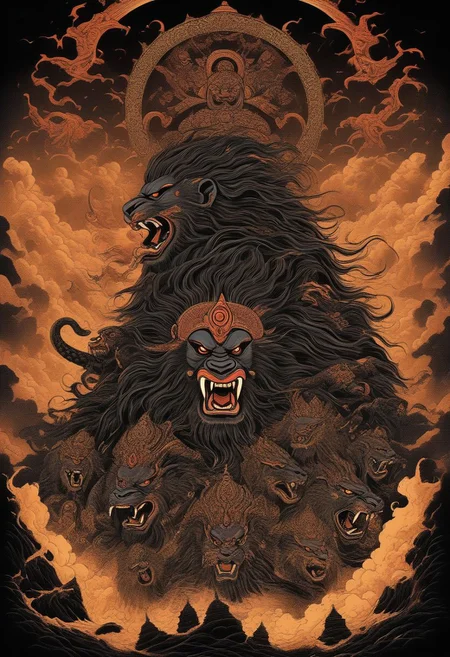 t-shirt design, Design a menacing black t-shirt with Kumbhakarna (a powerful rakshasa and younger brother of Ravana from the Hindu epic Ramayana.) motif inspired by heavy metal music aesthetics. The artwork features a sleek, coiled sinuously, its scales glistening in the dim light., revealing rows of razor-sharp teeth dripping with blood, exuding a sense of raw, primal aggression, bright sky and big sun in background, enhancing the ominous atmosphere of the design. eyes gleam with a malevolent glint, capturing the essence of danger and violence. The overall style is bold and intense, embodying the dark and edgy spirit of heavy metal music.