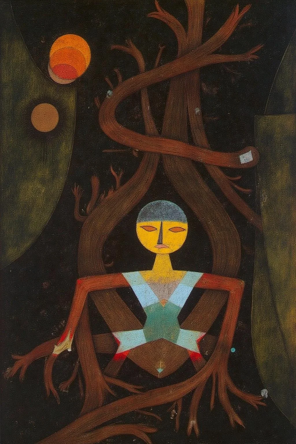 paulklee1 painting.
chenu1.
a geometric figure, likely a deity or mythical figure, nestled among the gnarled roots of an ancient tree. She is depicted in a contemplative pose, with her eyes closed and a serene expression on her face.
<lora:paulklee1_cap_d8a4e6:1.0><lora:839158699214938913:0>