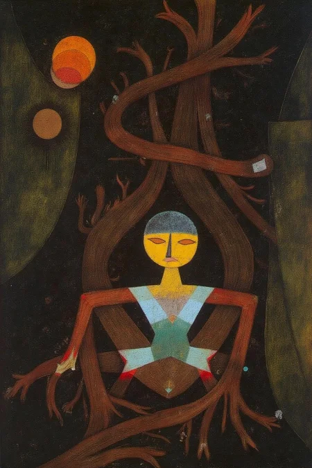 paulklee1 painting.
chenu1.
a geometric figure, likely a deity or mythical figure, nestled among the gnarled roots of an ancient tree. She is depicted in a contemplative pose, with her eyes closed and a serene expression on her face.
<lora:paulklee1_cap_d8a4e6:1.0><lora:839158699214938913:0>