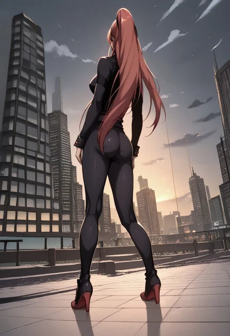 score_9, score_8_up, score_7_up, 1girl, late night, night, dark city, night city, buildings, full body, from the distance, from behind, from below, distant camera, poster, skycraspers on background, solo, cityscape, standing pose, dynamic pose, science fiction, 1girl, outdoors, from behind, Black Cat super heroine, anime source, Feng Ling, orange hair, long hair, ponytail, from below, shot from the distance, black bodysuit, looking at the sky, standing, medium breasts, black catsuit, nice ass, Tokyo city, <lora:add-detail-xl:-1>,