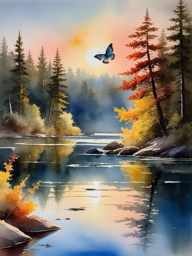 <lora:09WatercolorPainting_Hap_XL:1.6>,Winslow Homer style, watercolor painting, watercolor, oil painting,watercolor oil painting, (masterpiece, top quality, best quality, official art, beautiful and aesthetic:1.2),extreme detailed,(fractal art:1.3),colorful,highest detailed,Dreamy Atmosphere,Bright color,luminescence,butterfly,
