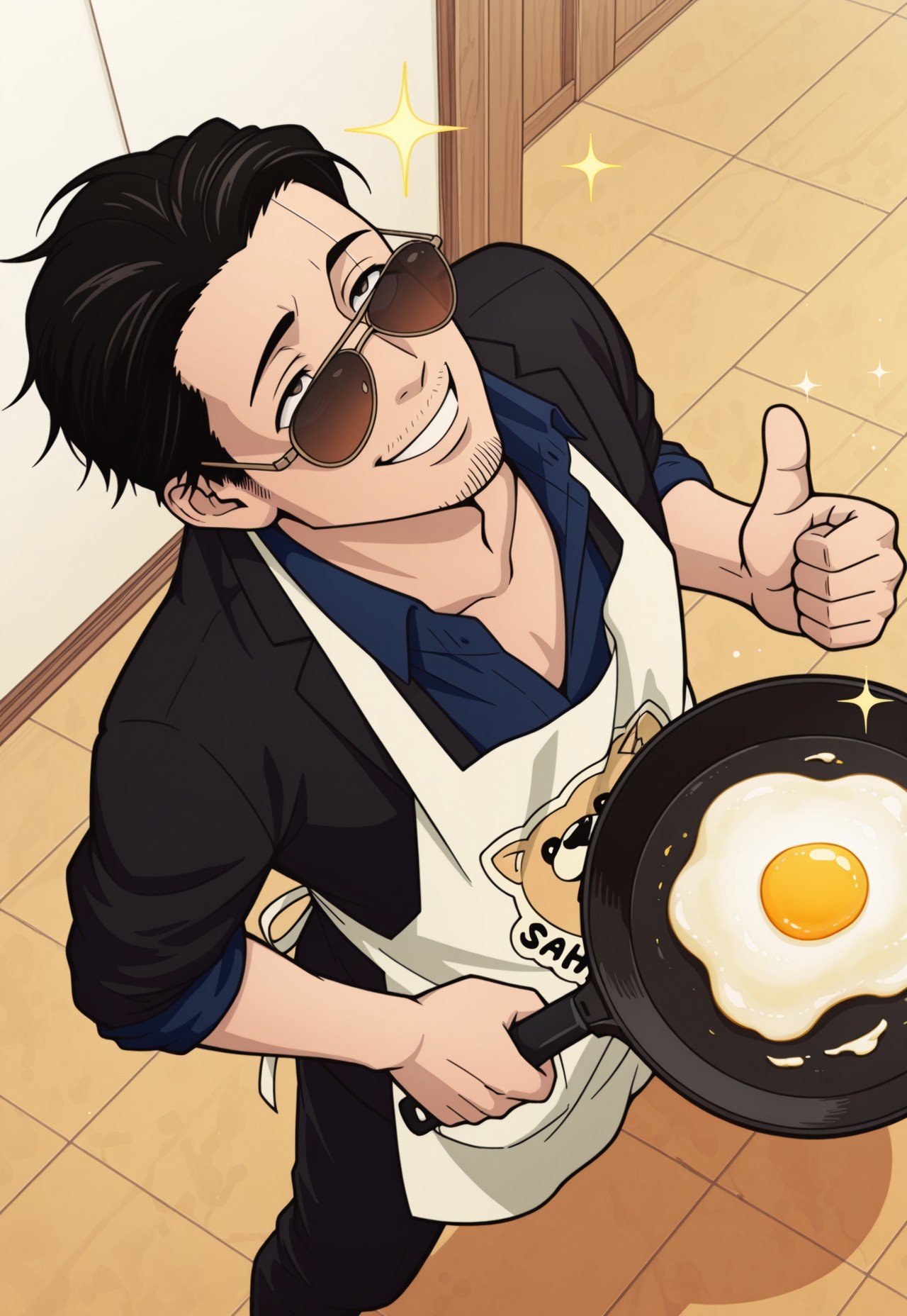 solo, masterpiece, detailed, ultra hd, best quality, 1boy, male, official art, w0lfc0nf, modern, new, masculine face, daddy looking face

HHTatsu, black hair, facial hair, stubble, sunglasses, apron with dog logo, blue shirt, view from above, looking up, holding frying pan, fried egg, smiling, sparkles, flipping food, floating food, headshot, thumbs up