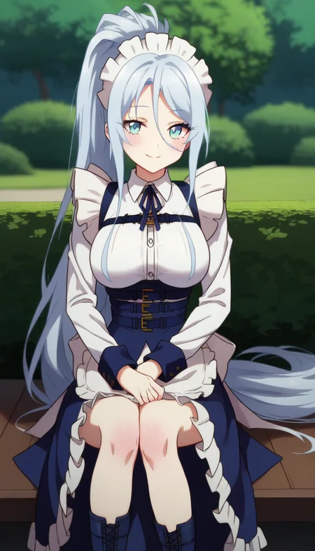 score_9,score_8_up,masterpiece,best quality,correct anatomy,anime_source,1girl,solo,perfect eyes,perfect arms,perfect legs,perfect face,outdoors,upper body,(portrait:1.5),looking at viewer,facing viewer,smile,blush,Sylpha Langlis,maid headdress,very long hair,white hair,high ponytail,sidelocks,hair between eyes,bangs,blue eyes,blue dress,frilled dress,long dress,white shirt,collared shirt,neck ribbon,blue ribbon,long sleeves,blue corset,belt,large breasts,underbust,maid apron,waist apron,frilled apron,white apron,frilled skirt,cross-laced footwear,blue footwear,<lora:Sylpha Langlis(tsdnod)-Pony:1.6>,