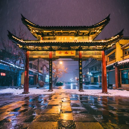 4k,realistic,photograph,analog film photo Deep photo,ferrania p30 film,Kodachrome,grainy,chinese style,night,
a beautiful cyberpunk building in a cyberpunk street by the river,neo light,colorful,bloom,heavy snow,lightning,storm,
east asian architecture,<lora:east_asian_architecture:0.85>,