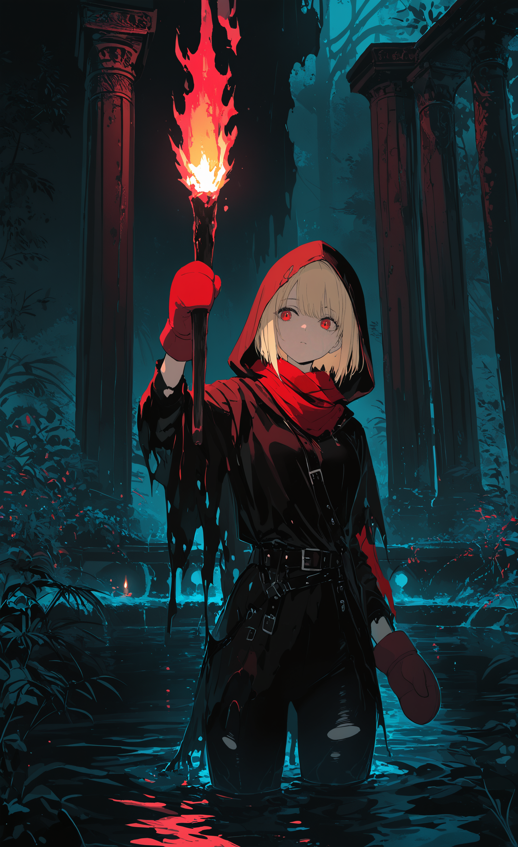 masterpiece, best quality, good quality, very awa, newest, highres, absurdres, 1girl, solo, short hair, blonde hair, red eyes, holding, standing, belt, hood, water, scarf, arm up, torn clothes, plant, hood up, wading, partially submerged, mittens, pillar, torch, holding torch, limited palette, <lora:illustriousXL_stabilizer_v1.23:0.3> <lora:NOOB_vp1_detailer_by_volnovik_v1:0.3> <lora:ponyv6_noobE11_2_adamW-000017:0.3> <lora:114558v4df2fsdf5:0.6> <lora:XXX667:0.4> <lora:mon_monmon2133:0.5>