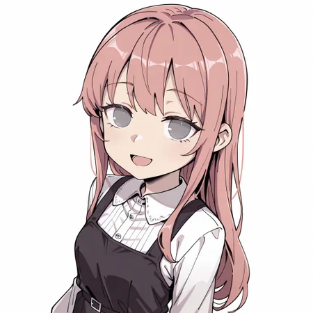 lazypos, girl focus, 1girl, solo, long hair, pink hair, dress, smile, white background, simple background, open mouth, shirt, sleeveless dress, sleeveless, looking at viewer, :d, white shirt, grey eyes, breasts, no pupils, pinafore dress, saicastlestyle