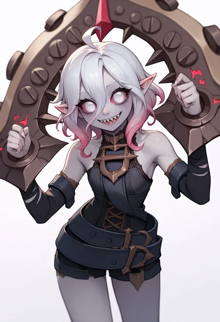 score_9, score_8_up, score_7_up, score_6_up, score_5_up, score_4_up, BREAK, source_anime,
1girl, briar, white eyes, colored sclera, white hair, gradient hair, short hair, hair between eyes, ahoge, pointy ears, sharp teeth, grey skin,
shackles, bare shoulders,  detached sleeves,
standing, smile, looking at viewer, solo, simple background, white background     <lora:BriarXL:1>