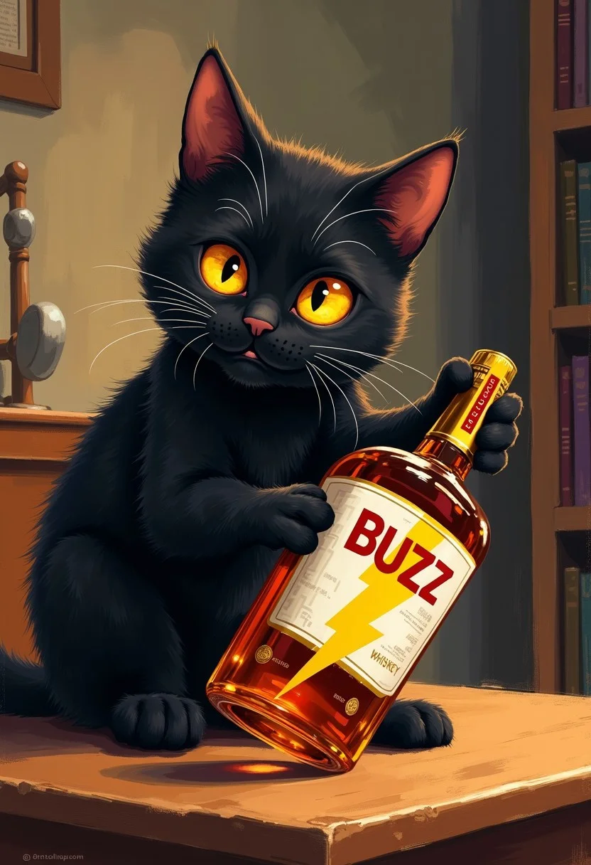A mischievous black cat is sitting on a table looking at the viewer, he's pushing a bottle of "BUZZ" brand whiskey off the table, the bottle has a large yellow lightning bolt symbol on the label, modern upper class apartment, dynamic, portrait, anime style oil painting