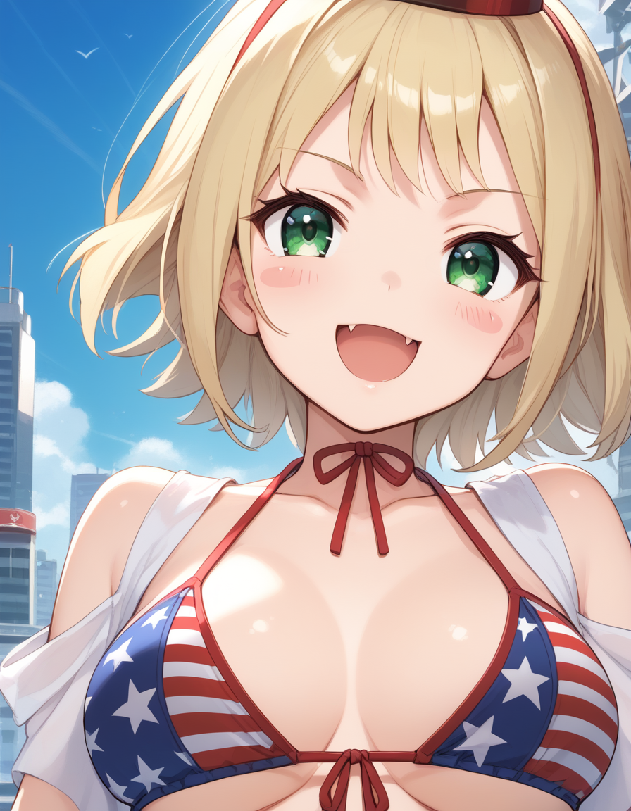 patoranran, blonde hair, green eyes, short hair,  blush stickers, large breasts, fang
american flag bikini, side-tie bikini bottom,  
 <lora:patoranran_pony_v2:1>
standing, dynamic pose ,
open mouth, blush,light smile
looking at viewer,(close-up,upper body,:1.3),
 outdoors, city, score_9, score_8_up, score_7_up, score_6_up, BREAK source_anime, best quality,very aesthetic, zPDXL2,official art,1girl, solo,