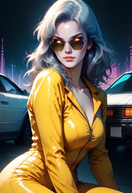 1girl, solo, candid shot, side view, looking away from viewer, facing ocean, sitting on car, parked overlookingthe ocean, white skin, shapely figure, large breasts, ample ass, happy, sunglasses, glowing eyes, wavy silver hair with bangs, yellow jumpsuit, sunny, coast highway background, retrowave