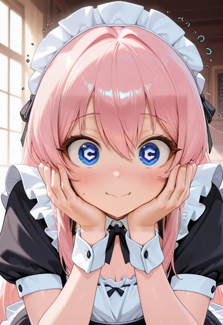 masterpiece, best quality, amazing quality,
1girl, CivChan, pink hair, maid uniform, ,  ,   <lora:CivChan:0.9>,blue   eyes,   , hands on face, blue  hexagon  shaped eyes,