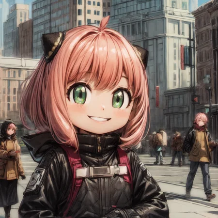anya \(spy x family\), <lora:anya_forger_spyxfamily:1>, cute, wholesome, smile, city, high quality, highres, masterpiece, best quality, 8k, intricate, detailed, <lora:add_detail:0.6>, very detailed, <lora:more_details:0.6>, <lora:JuggerCineXL2:0.6>, <lora:NsfwPovAllInOneLoraSdxl:0.5>, <lora:Smooth Anime 2 Style SDXL_LoRA_Pony Diffusion V6 XL:0.6>