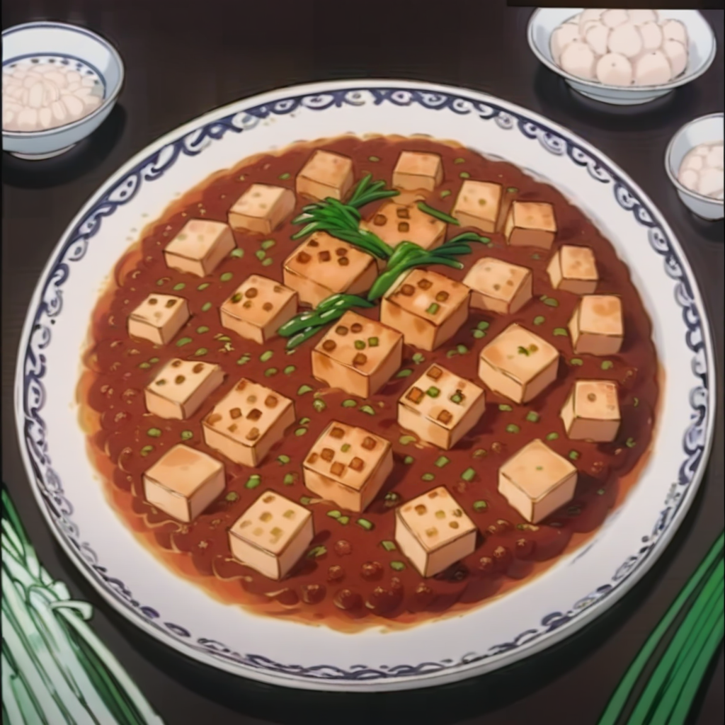 The image shows a round plate of éº»å©è±è (Mapo Tofu), which features numerous square blocks of tofu in a reddish-brown sauce, and is accentuated with green onions. The plate has a decorative red and gold border with floral patterns, resting on a black table. The overall color tone of red and gold coupled with the presentation of the dish provides a warm and inviting appearance., <lora:food_ichiban:0.85>