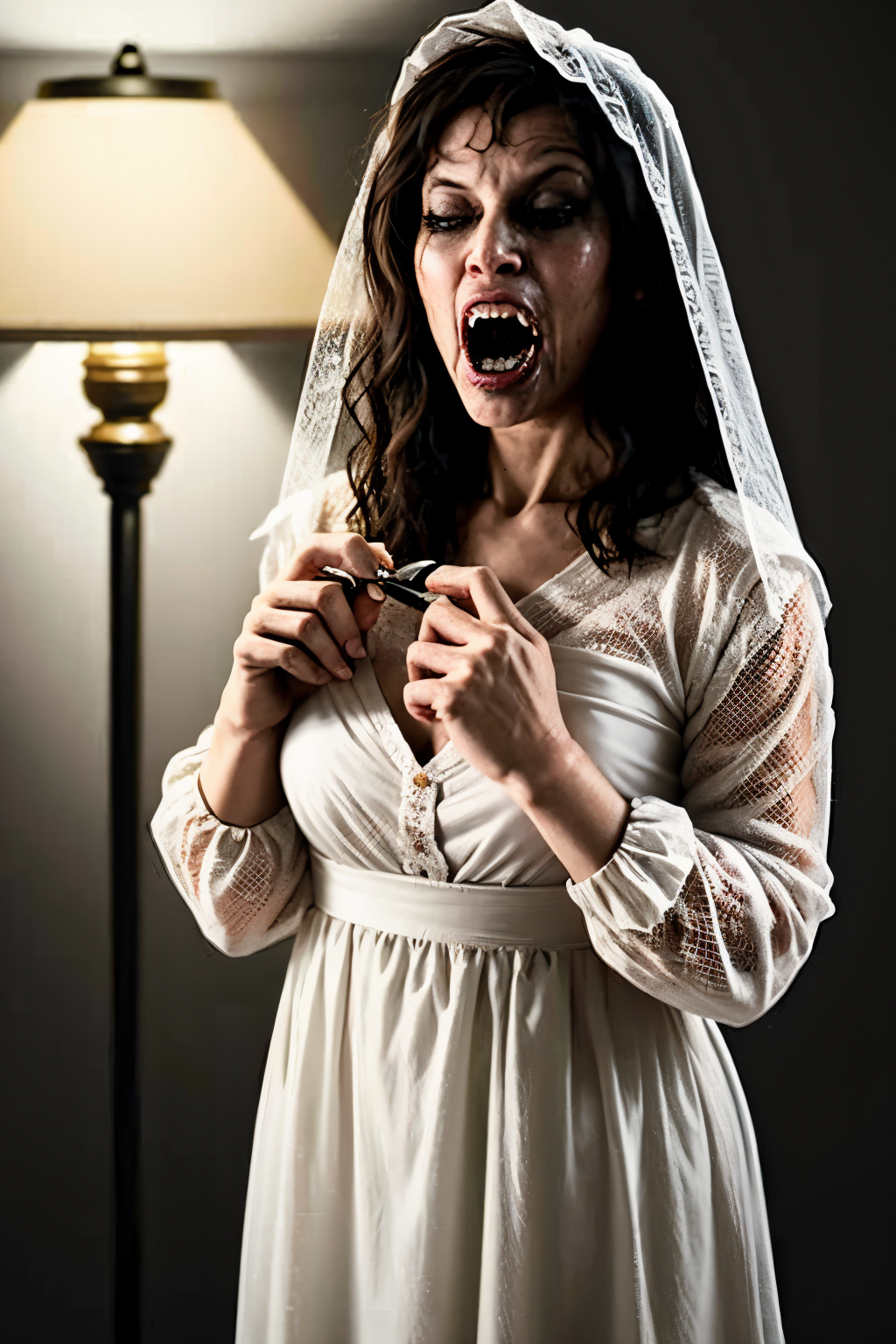 (Realistic:1.5) (masterpiece) (full body portrait)) grey background, zombie, pen, holding, what, eye focus, lamp, angry, pen, male focus, black eyes, skull, blood, twitter username, lamp, screaming, dark, short hair, no humans, saliva, parody, ghost, brown eyes, upper body, veil, black eyes, closed eyes, colored skin, parody, facing viewer,  <lora:EdobHorror_v1.0:0.8>