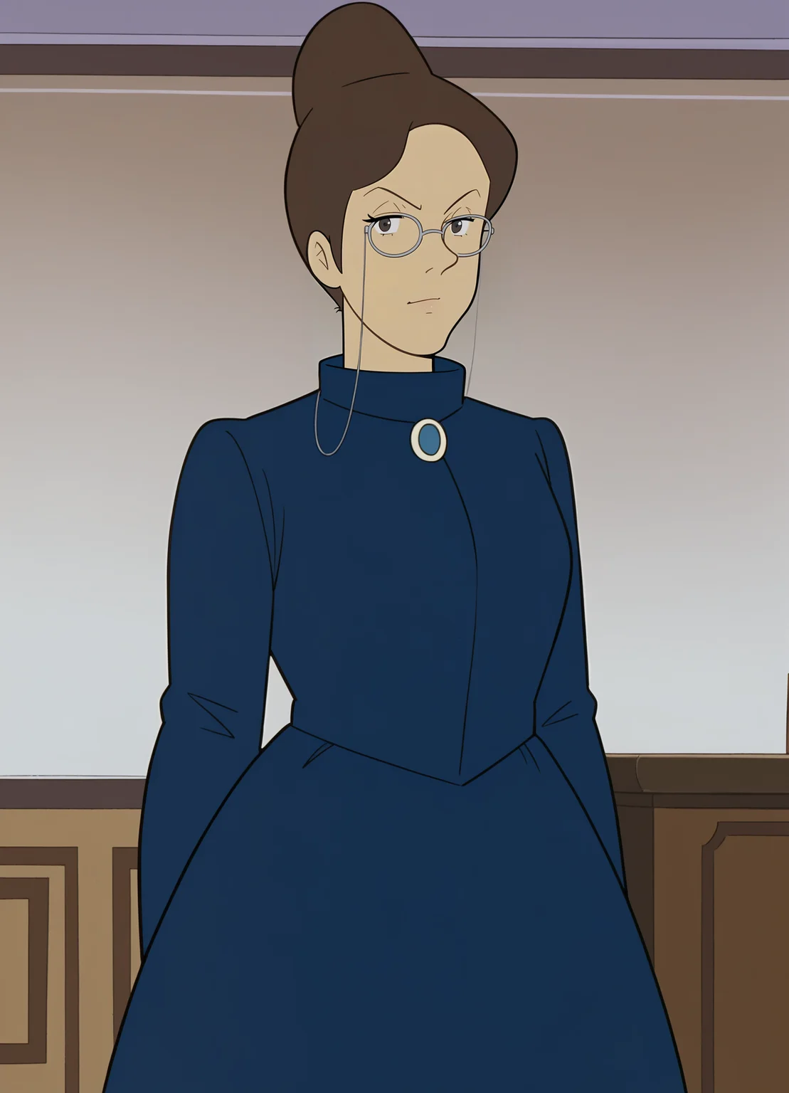 <lora:Rottenmeier-Alps_no_Shoujo_Heidi:1>,Rottenmeier,1girl,solo,brown hair,hair bun,single hair bun,blue dress,glasses,looking at viewer,indoors