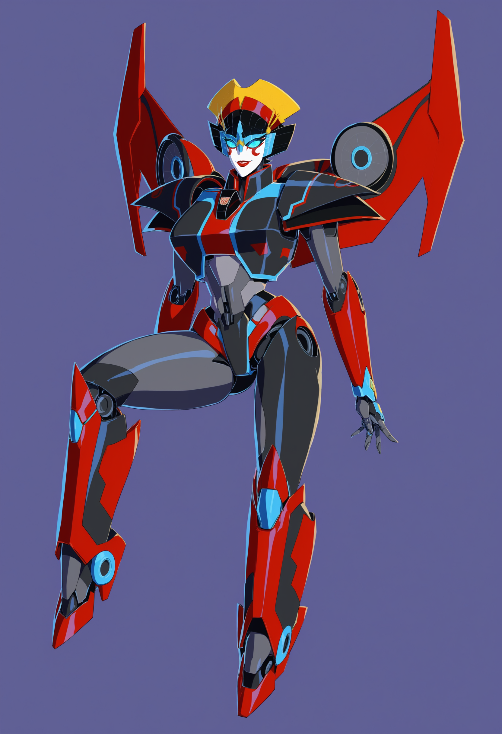 score_9, score_8_up, score_8, source_anime, 1girl,  <lora:Windblade:0.8> solo, autobot, robot, mecha, red lips, blue eyes, glowing eyes, smile, big breasts, wings, mechanical wings, foot, leg up, 
purple background, simple background,