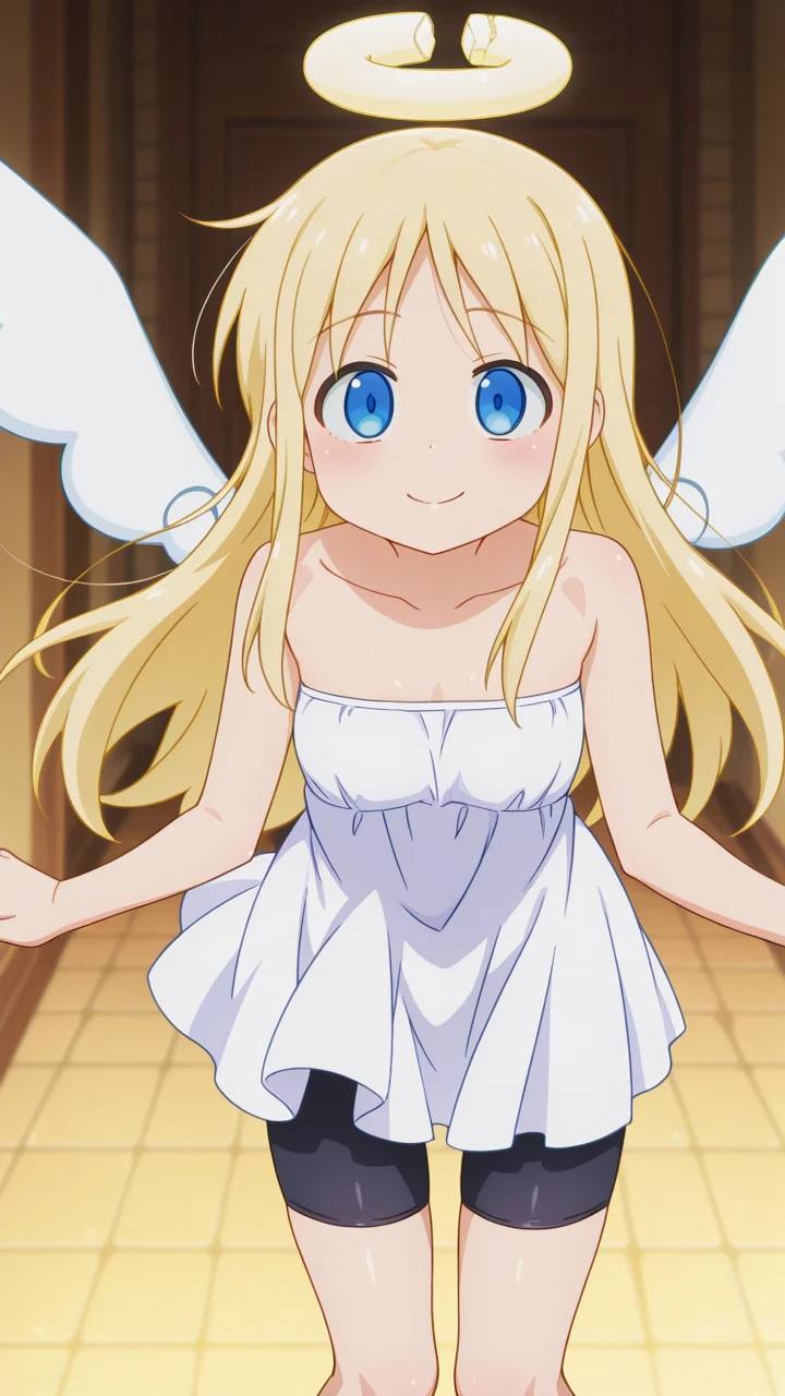 solo, smile,, masterpiece, best quality, amazing quality, very aesthetic, absurdres, newest, anime screencap, <lora:crimvaelILM:1>, crimvael, androgynous, halo, broken halo, blonde hair, angel, long hair, blue eyes, angel wings, white wings, 1other, other focus, white dress, bare shoulders, off-shoulder dress, bare arms, strapless, strapless dress, bike shorts, black shorts, bare legs, floating,
