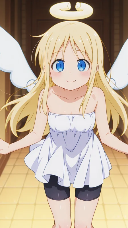 solo, smile,, masterpiece, best quality, amazing quality, very aesthetic, absurdres, newest, anime screencap, <lora:crimvaelILM:1>, crimvael, androgynous, halo, broken halo, blonde hair, angel, long hair, blue eyes, angel wings, white wings, 1other, other focus, white dress, bare shoulders, off-shoulder dress, bare arms, strapless, strapless dress, bike shorts, black shorts, bare legs, floating,